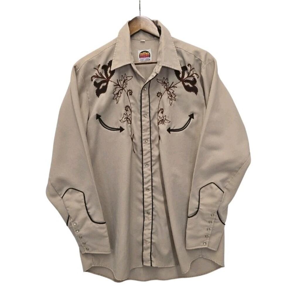 Vtg 70s Miller Western Embroidered Pearl Snap Shirt Smile Pockets Tan 16.5 34